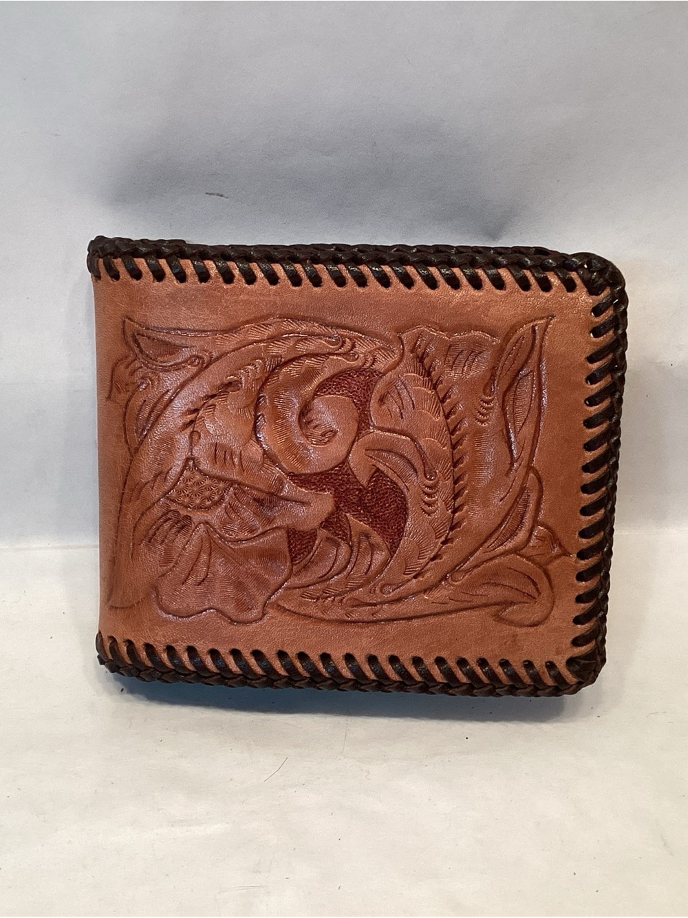 Vintage Hand Tooled Leather Wallet Bill Fold Whip Stitch NEW